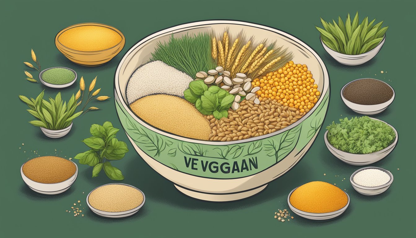 A bowl of wheat germ surrounded by various plant-based ingredients and a "vegan" label