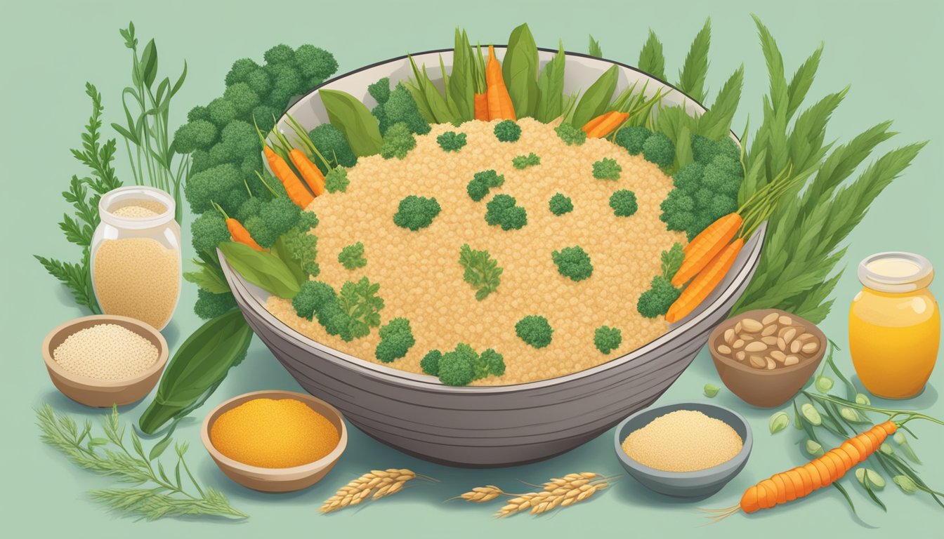 A bowl of wheat germ surrounded by various plant-based ingredients and a vegan cookbook