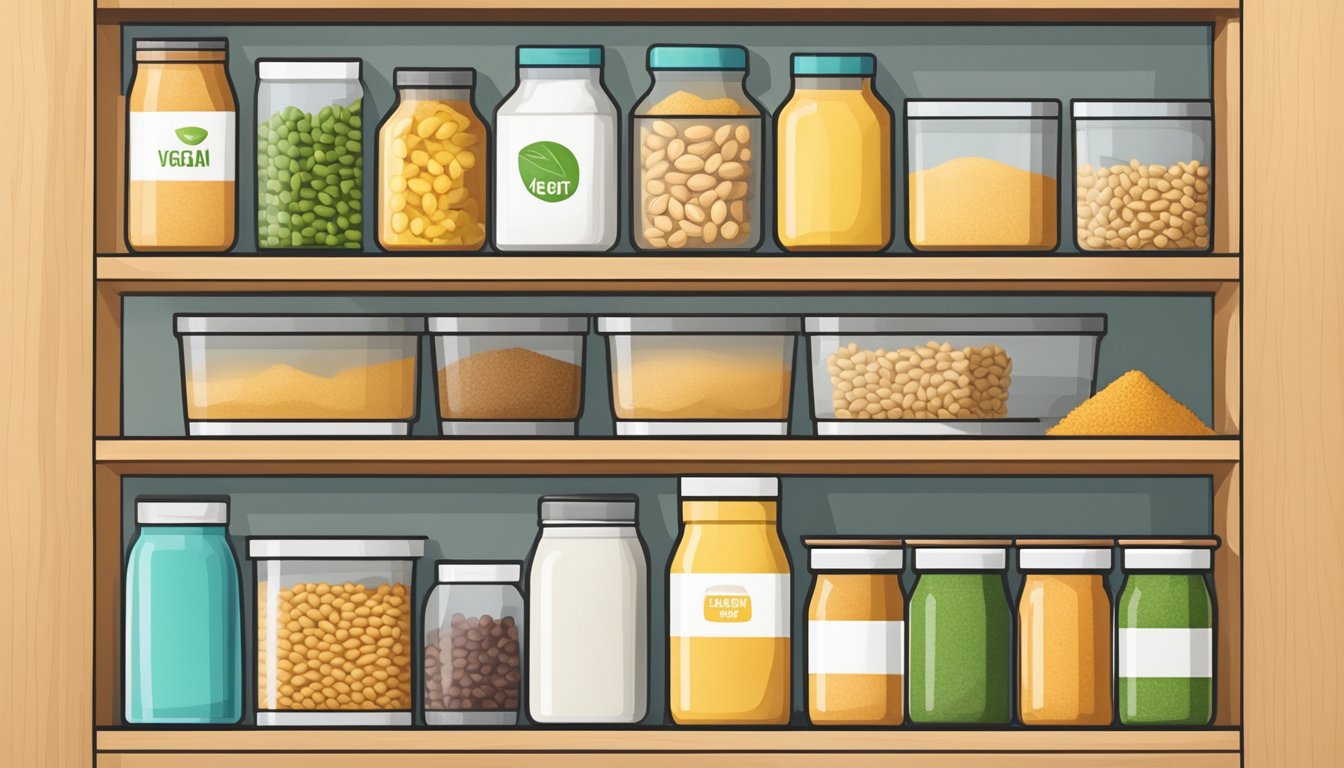 A pantry shelf with neatly organized containers of wheat germ, alongside a shopping bag filled with vegan groceries