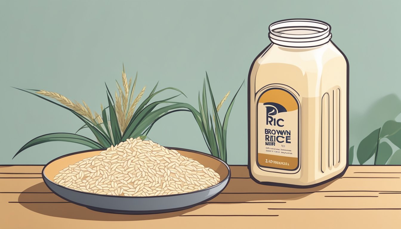 A jar of brown rice syrup next to a bowl of brown rice, with a plant-based milk carton in the background