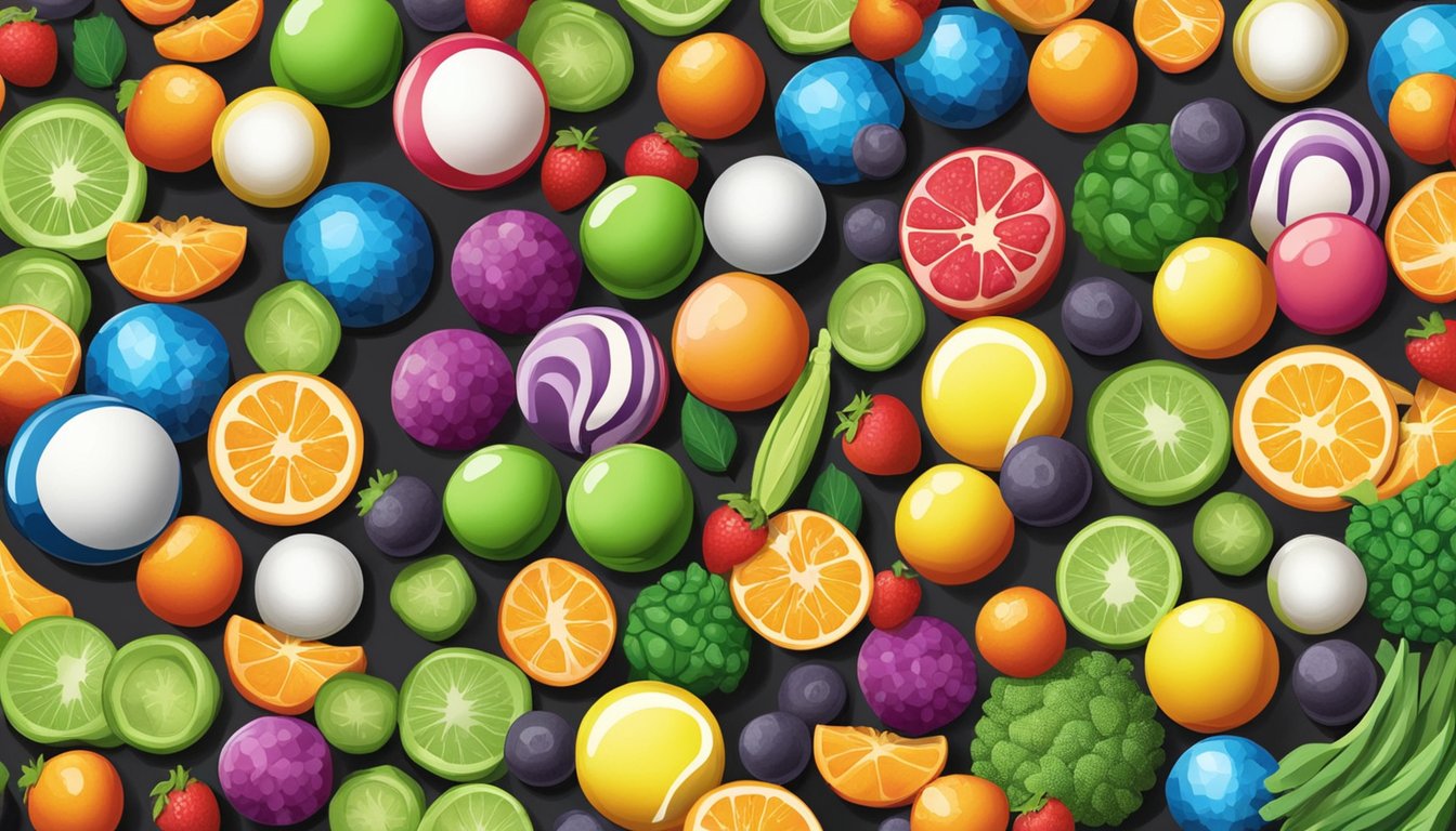 A colorful pile of jawbreakers surrounded by a variety of fruits and vegetables, with a "vegan" label prominently displayed