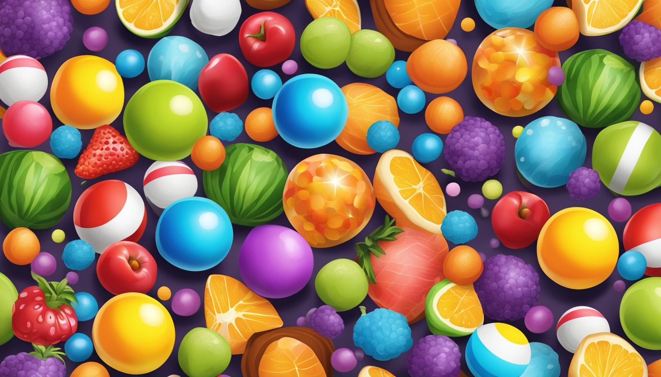 A colorful assortment of jawbreakers spills from a bag, surrounded by vibrant fruits and vegetables