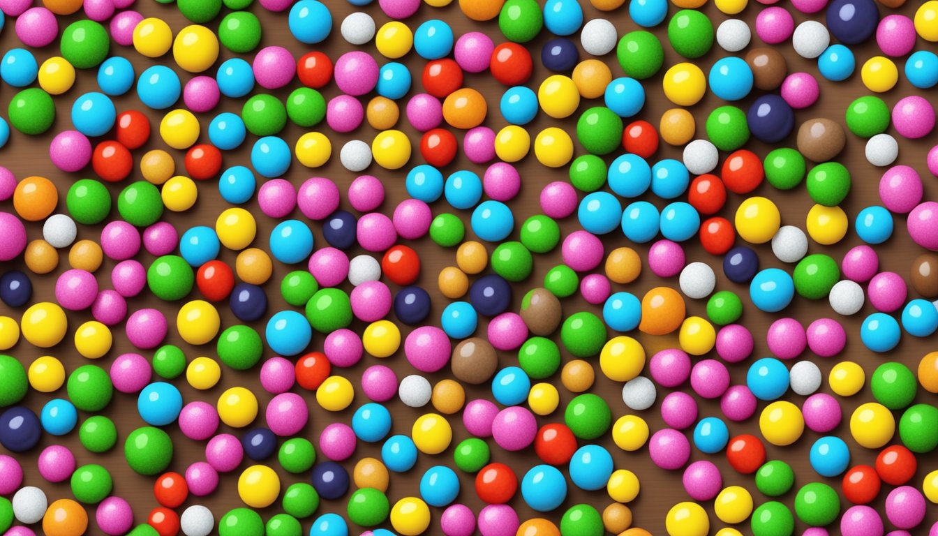 A pile of colorful jawbreakers sitting on a wooden table, surrounded by fresh fruits and vegetables