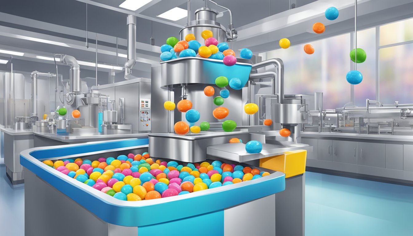 Machinery pours and molds colorful jawbreaker candies in a sterile factory setting