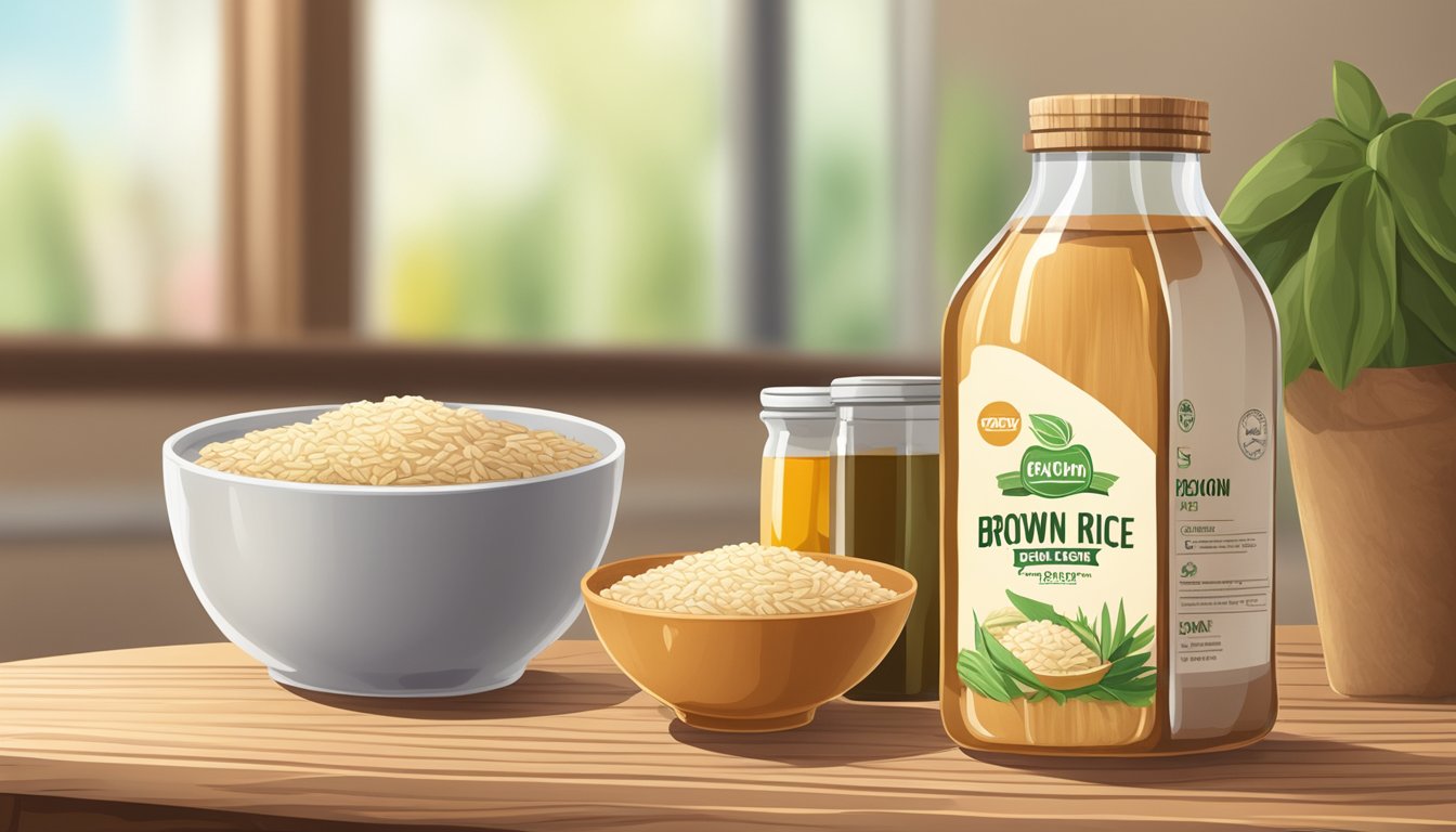 A jar of brown rice syrup next to various vegan food items on a wooden table