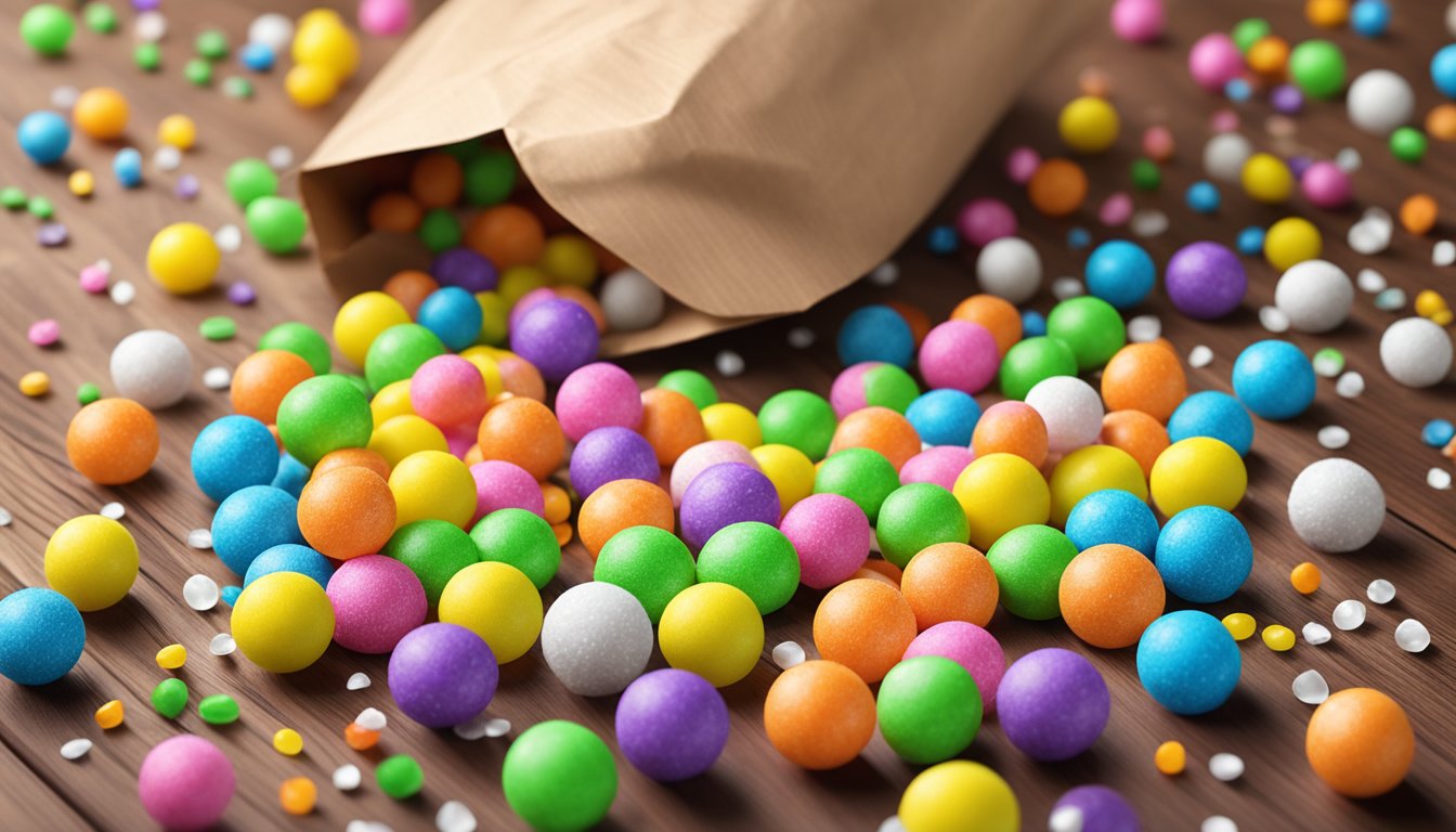 A pile of colorful jawbreakers spilling out of a paper bag onto a wooden table, surrounded by scattered sugar crystals and a few loose wrappers