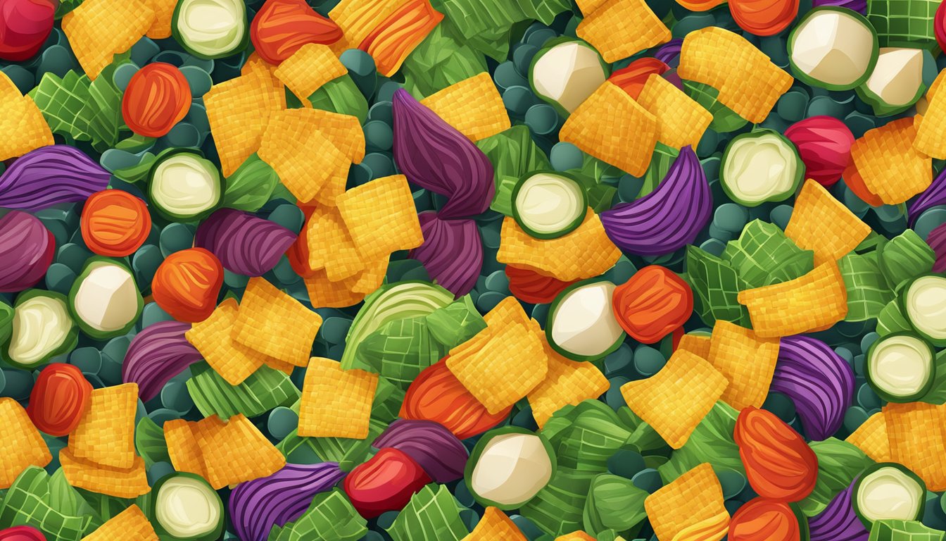 A colorful array of organic popped veggie and potato chips arranged in a mosaic pattern, with vibrant vegetables and potatoes visible in each chip