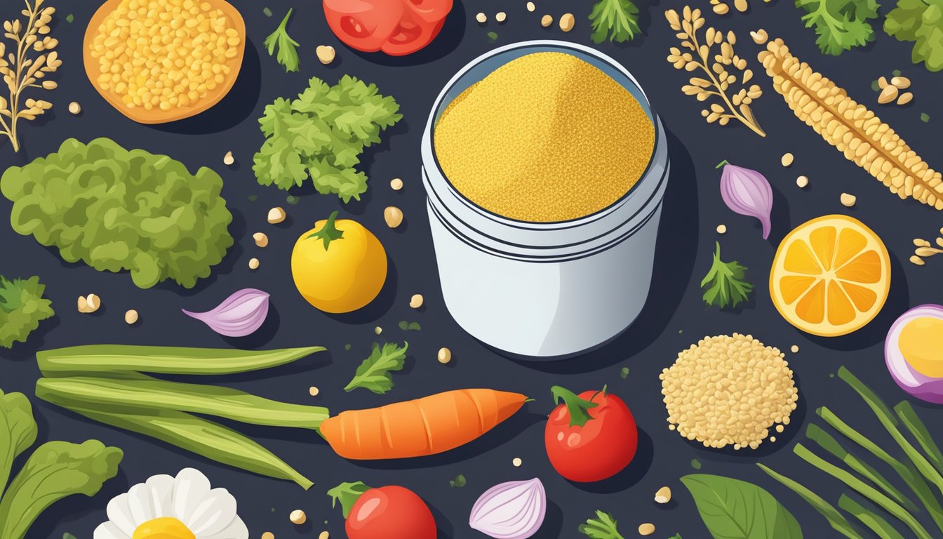 A small shaker of nutritional yeast seasoning surrounded by colorful vegetables and grains