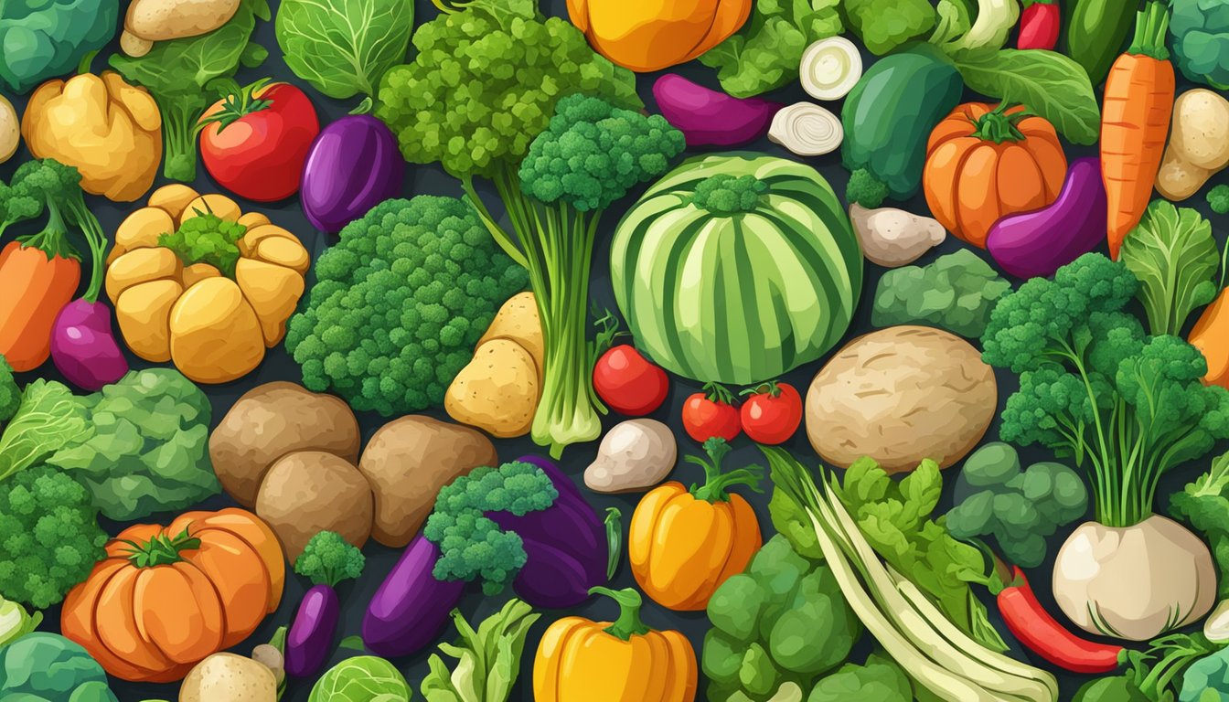 A colorful mosaic of organic vegetables and potatoes forming vegan credentials