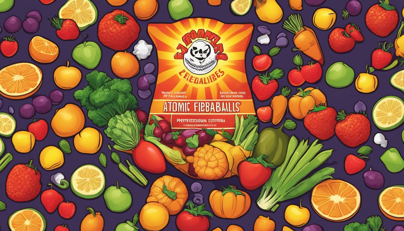 A pile of atomic fireball candies surrounded by various fruits and vegetables, with a vegan certification logo prominently displayed