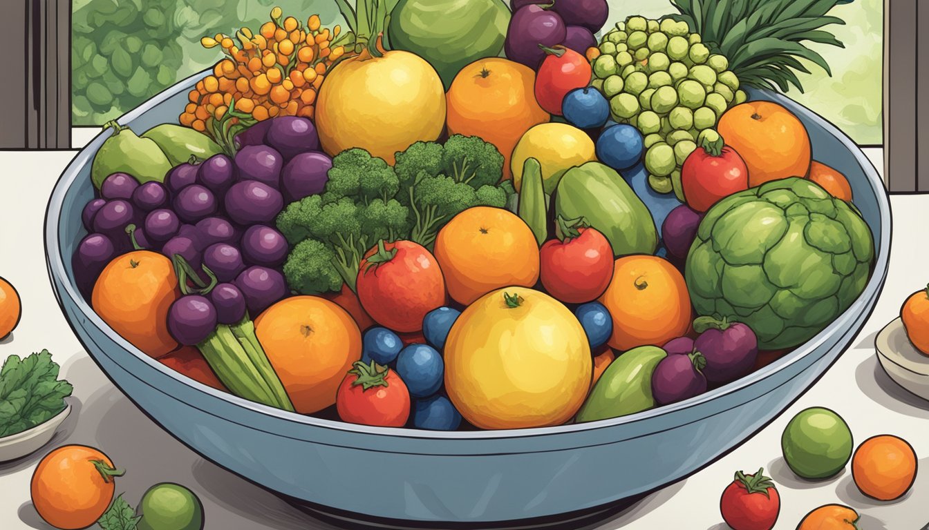 A bowl of atomic fireballs surrounded by various fruits and vegetables, with a "vegan" label prominently displayed