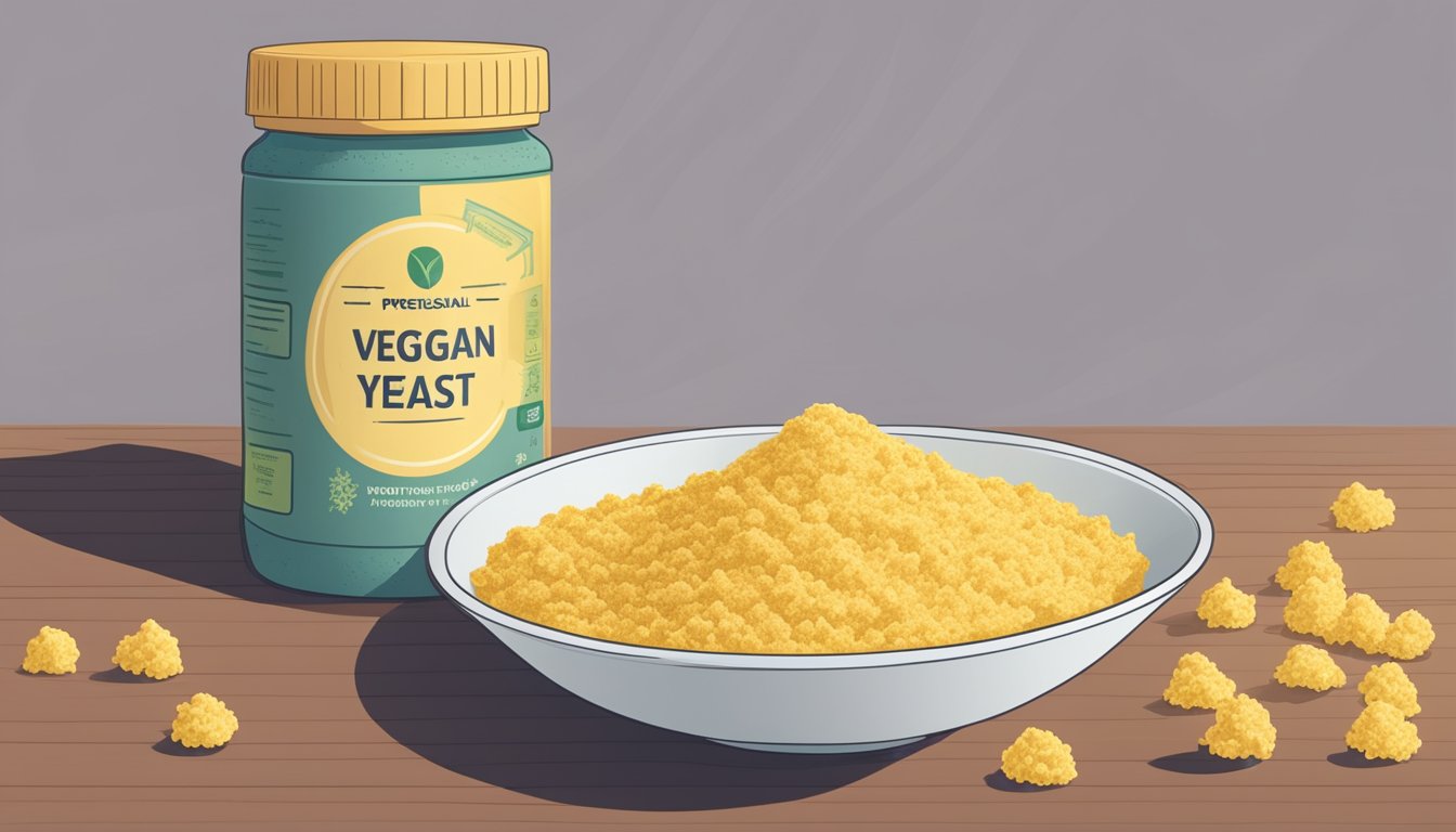 A bowl of fortified and unfortified nutritional yeast side by side, with a vegan symbol in the background