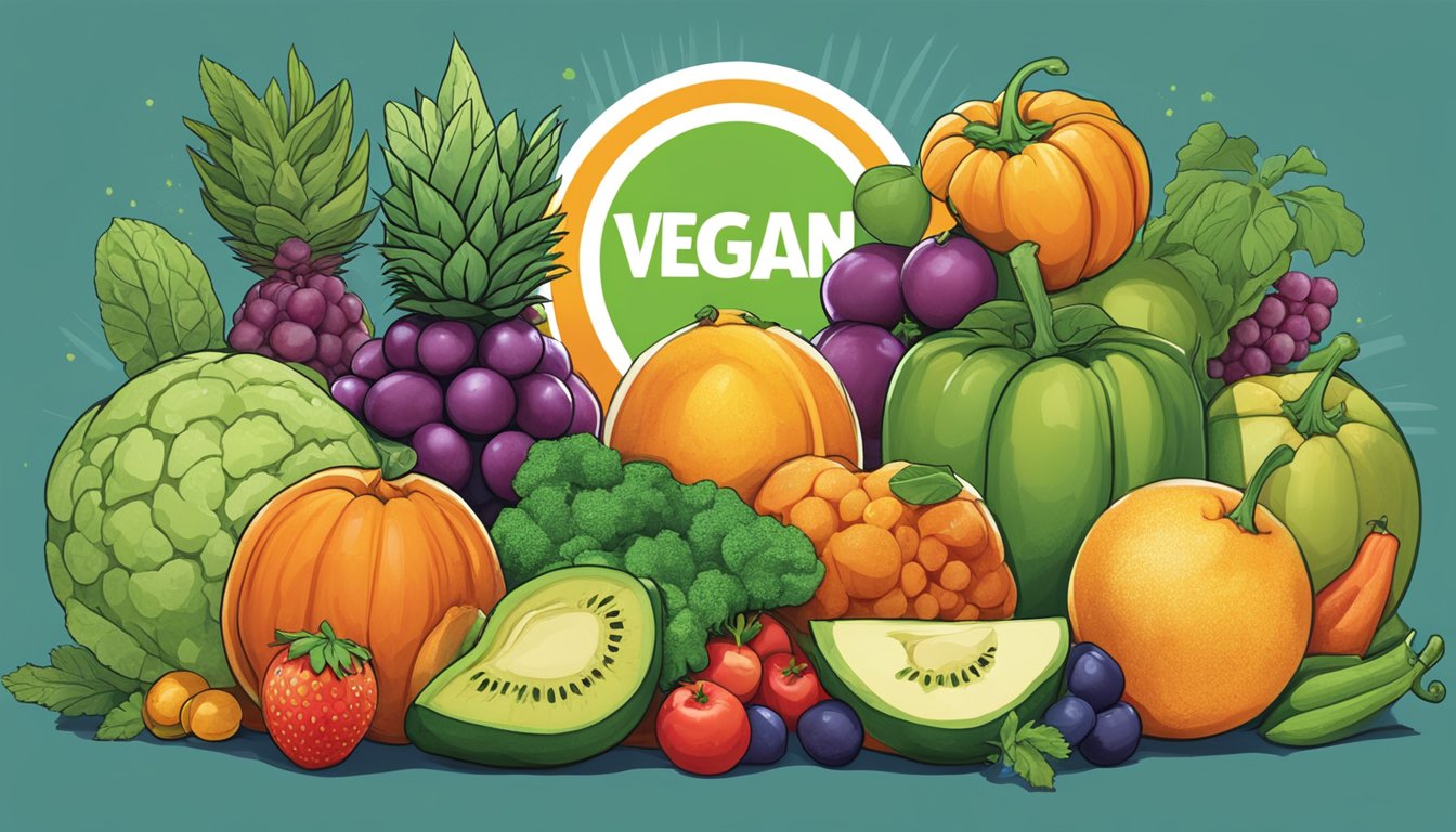 A group of atomic fireballs surrounded by a variety of fruits and vegetables, with a prominent "vegan" label displayed