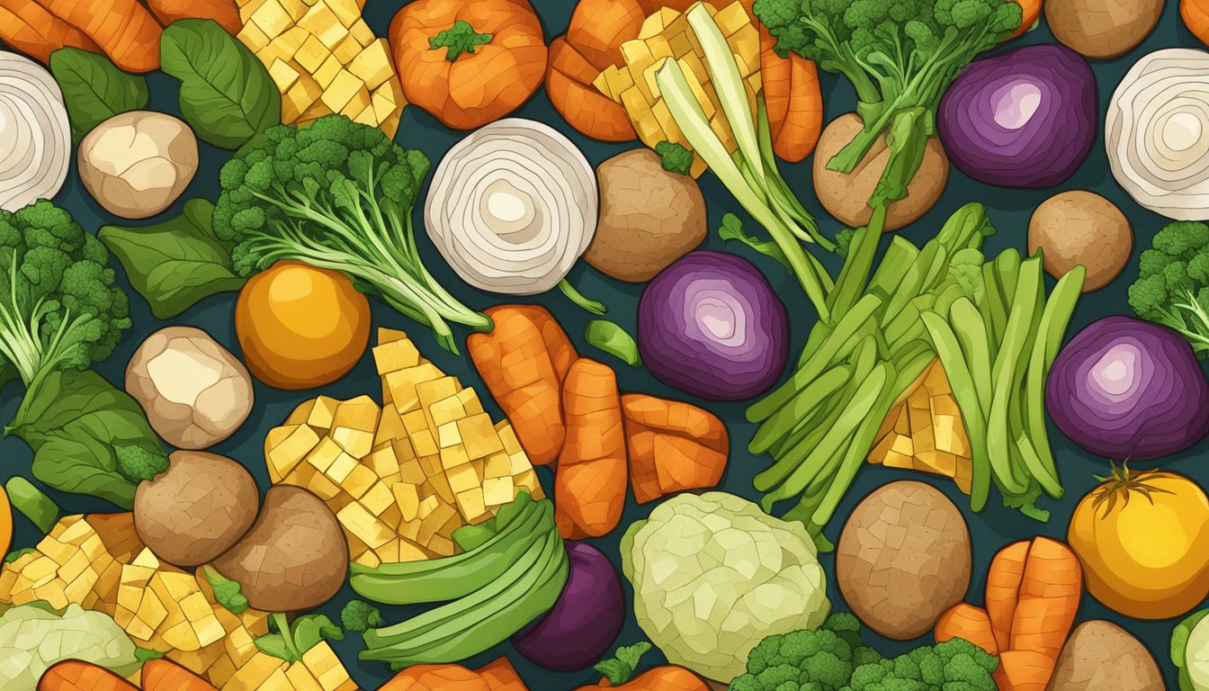 A colorful mosaic of organic vegetables and potatoes, symbolizing the ingredients and nutrition of vegan popped chips