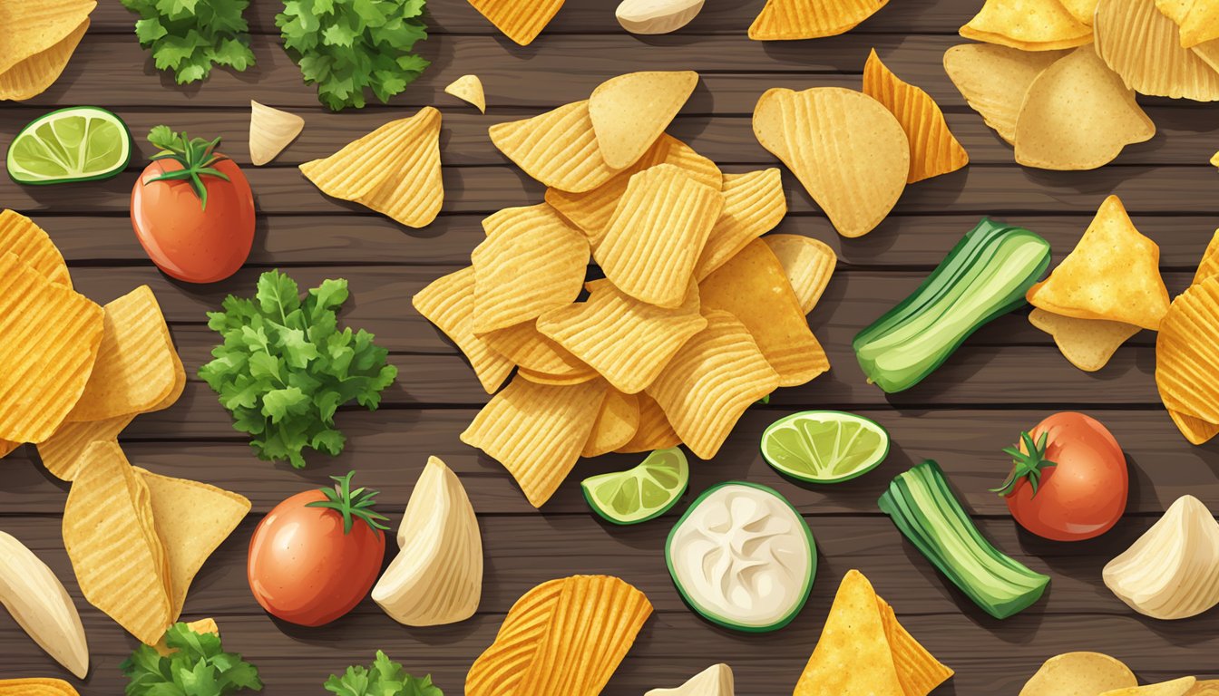 A colorful array of organic popped veggie and potato chips scattered on a wooden table, showcasing their varied shapes and textures