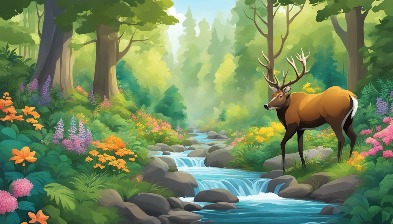 A lush forest with towering trees, vibrant flowers, and a clear stream running through it. Animals roam freely, and the air is filled with the sounds of nature