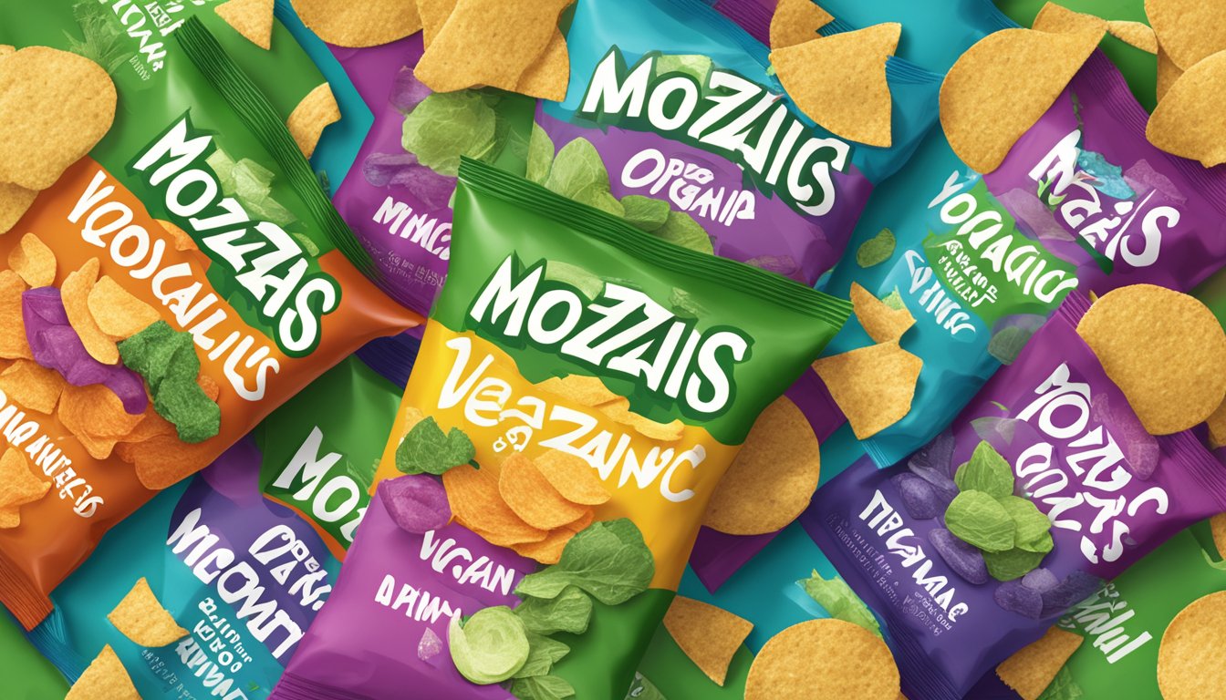 A colorful display of mozaics organic popped veggie and potato chips, with a "vegan" label prominently featured