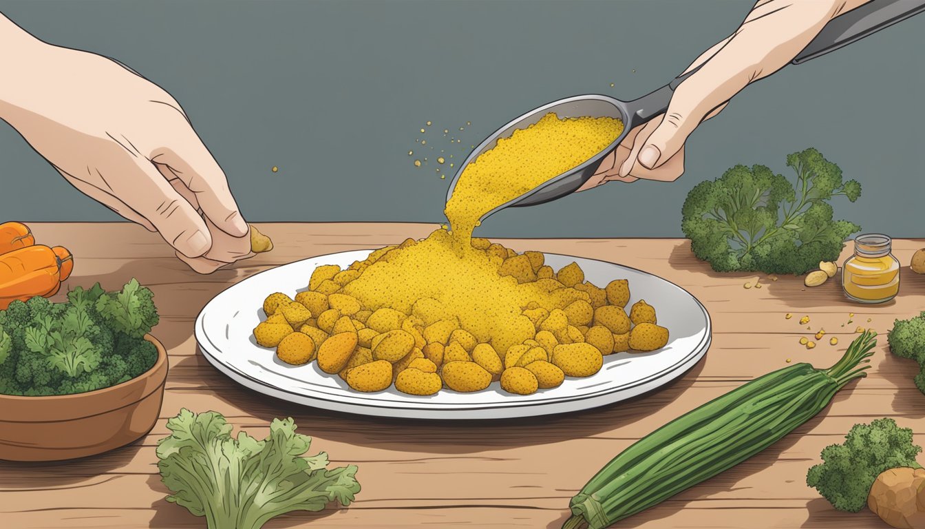 A hand pouring nutritional yeast seasoning onto a plate of roasted vegetables