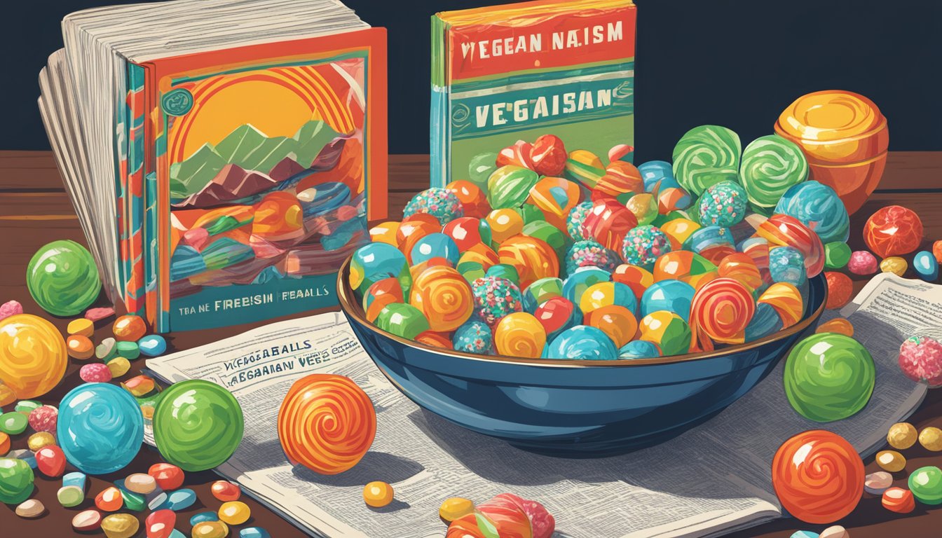 A pile of vintage candy wrappers surrounds a bowl of Atomic Fireballs, with a history book open to a page about veganism