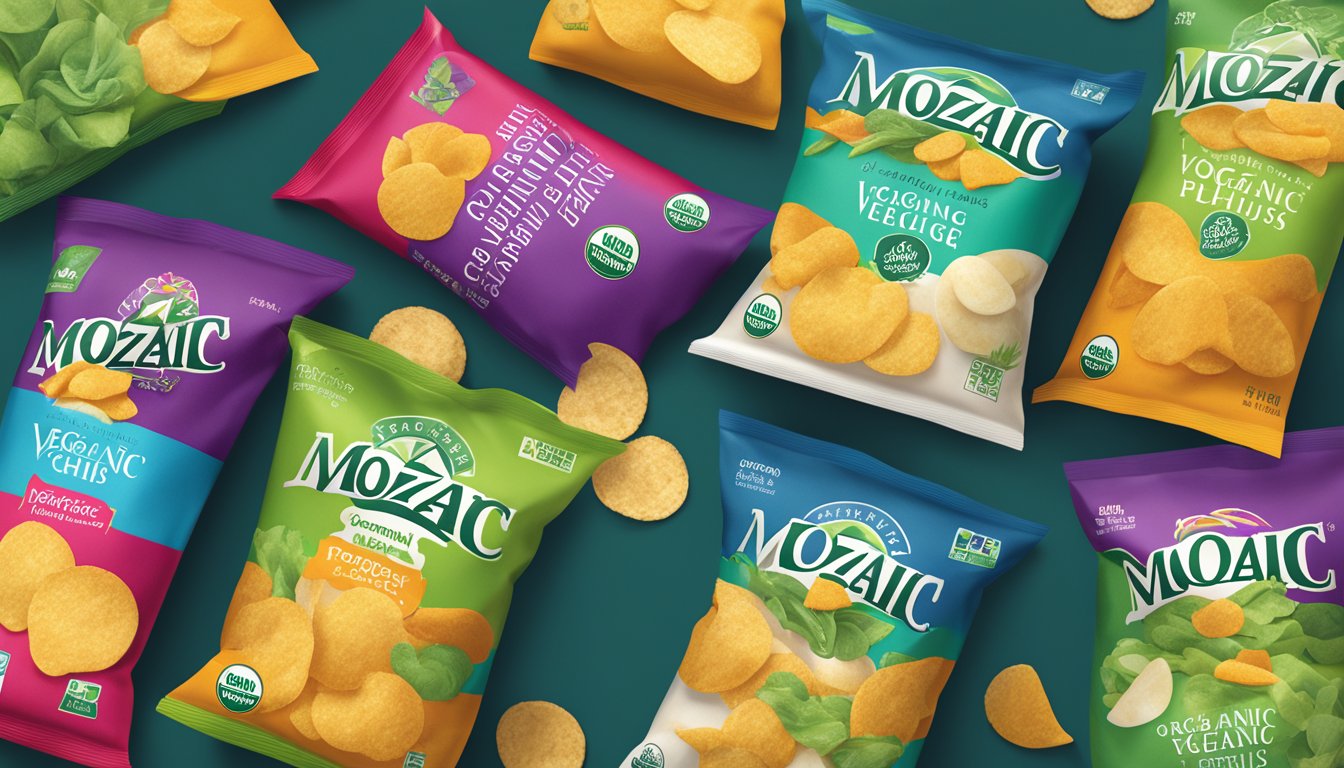 A vibrant display of mozaic organic popped veggie and potato chips, showcasing the brand and company logo