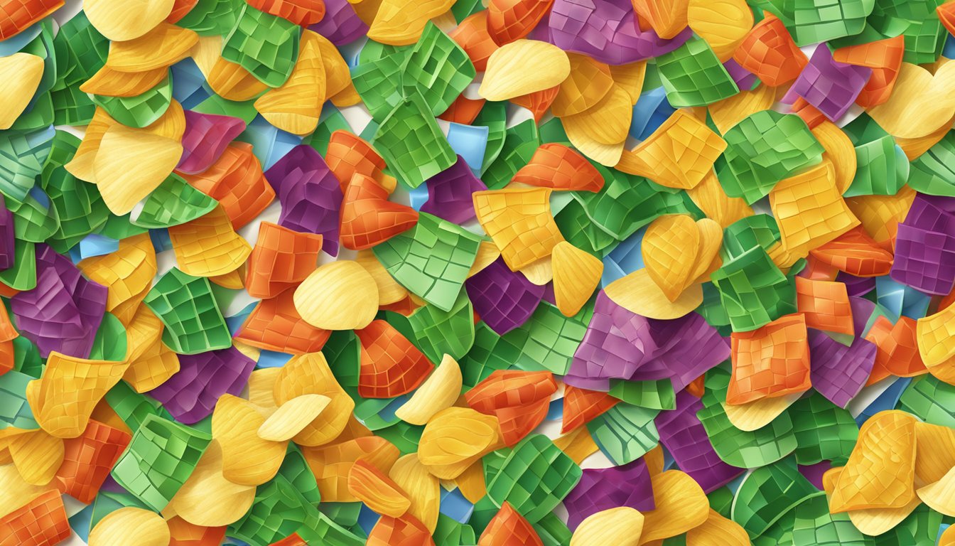 A colorful mosaic of organic popped veggie and potato chips scattered on a table