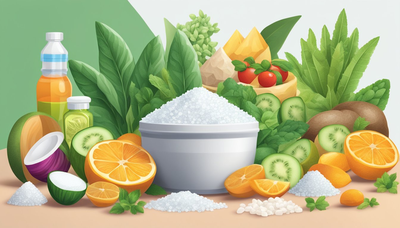 A pile of xylitol crystals surrounded by various plant-based foods and ingredients