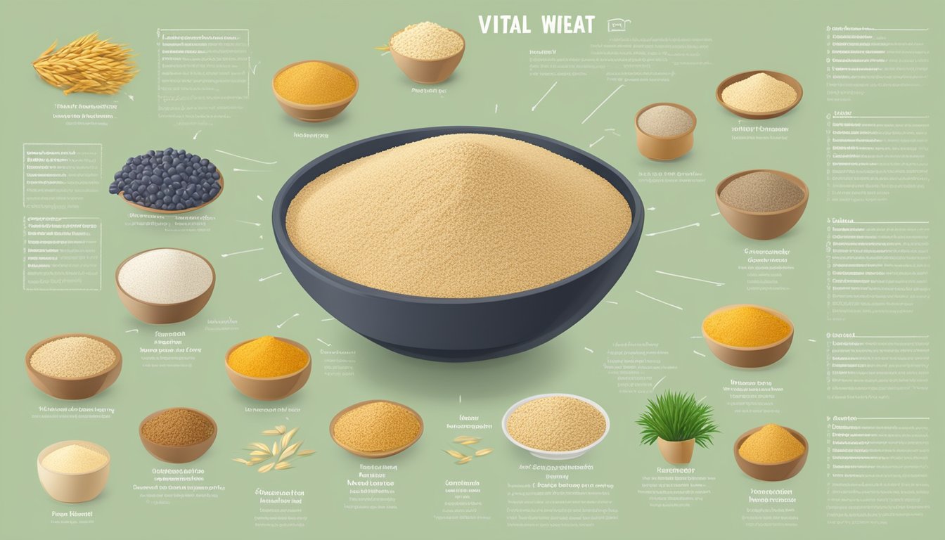 A bowl of vital wheat gluten surrounded by various plant-based ingredients and nutritional information