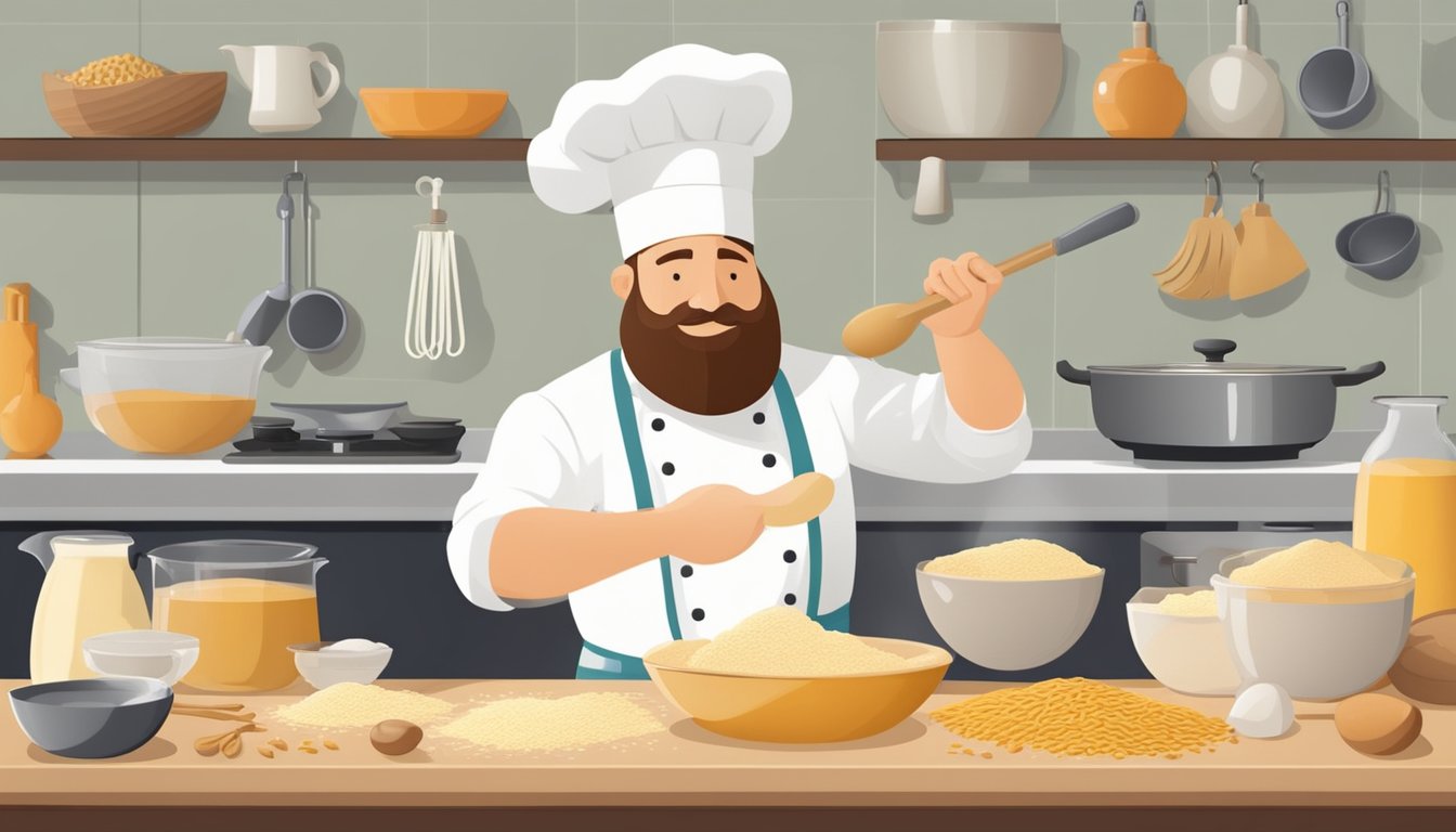 A chef mixing vital wheat gluten into a bowl of dough, surrounded by various ingredients and cooking utensils on a kitchen counter