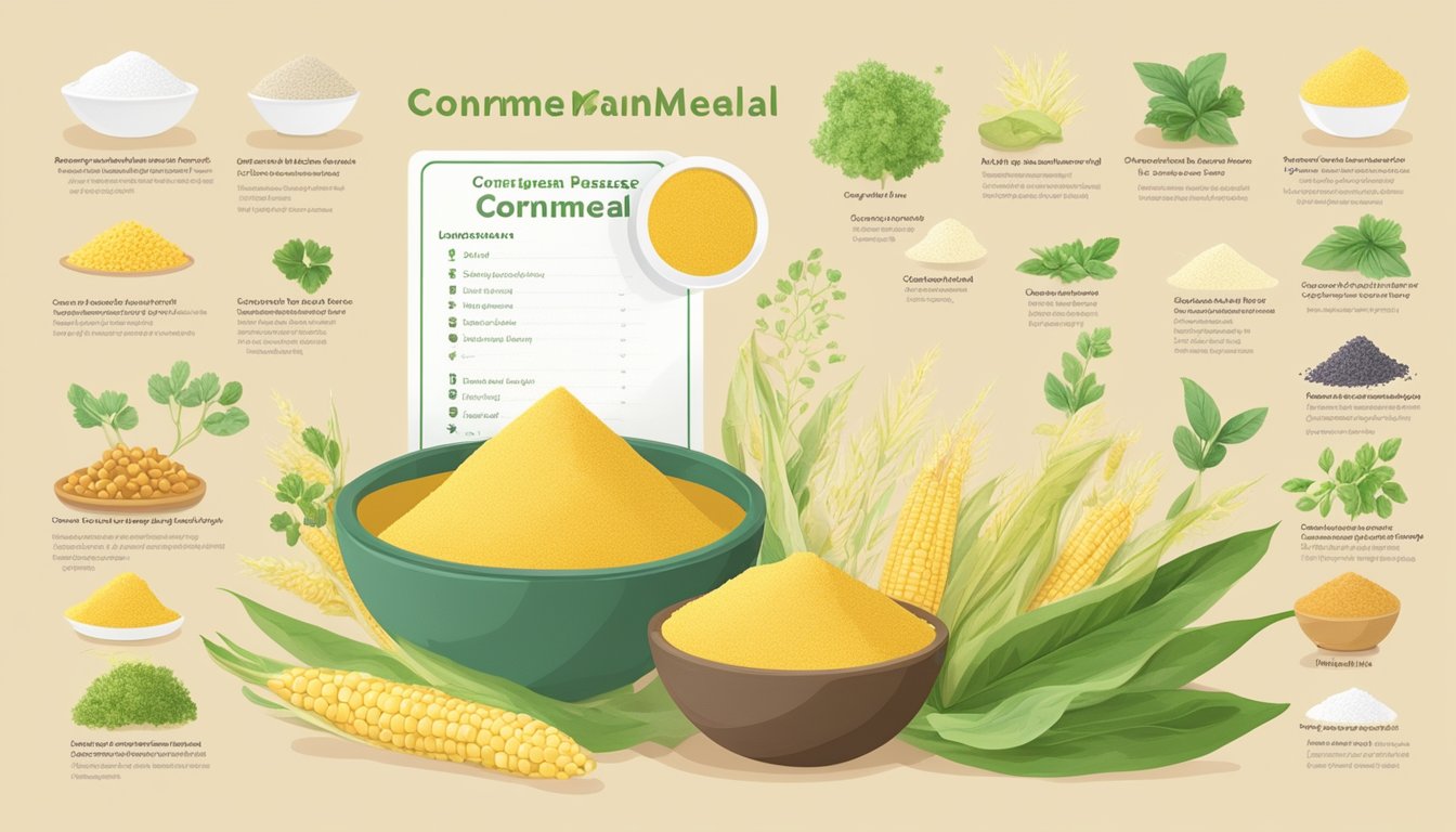 A bowl of cornmeal surrounded by various plant-based ingredients and a nutrition chart