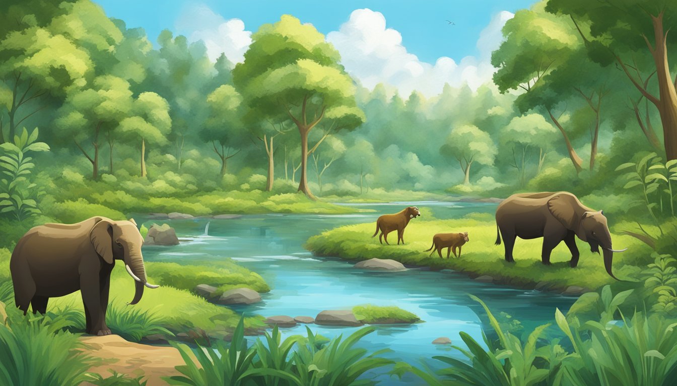 A lush forest with animals and plants, including a xylitol plant, surrounded by a clear stream and blue skies