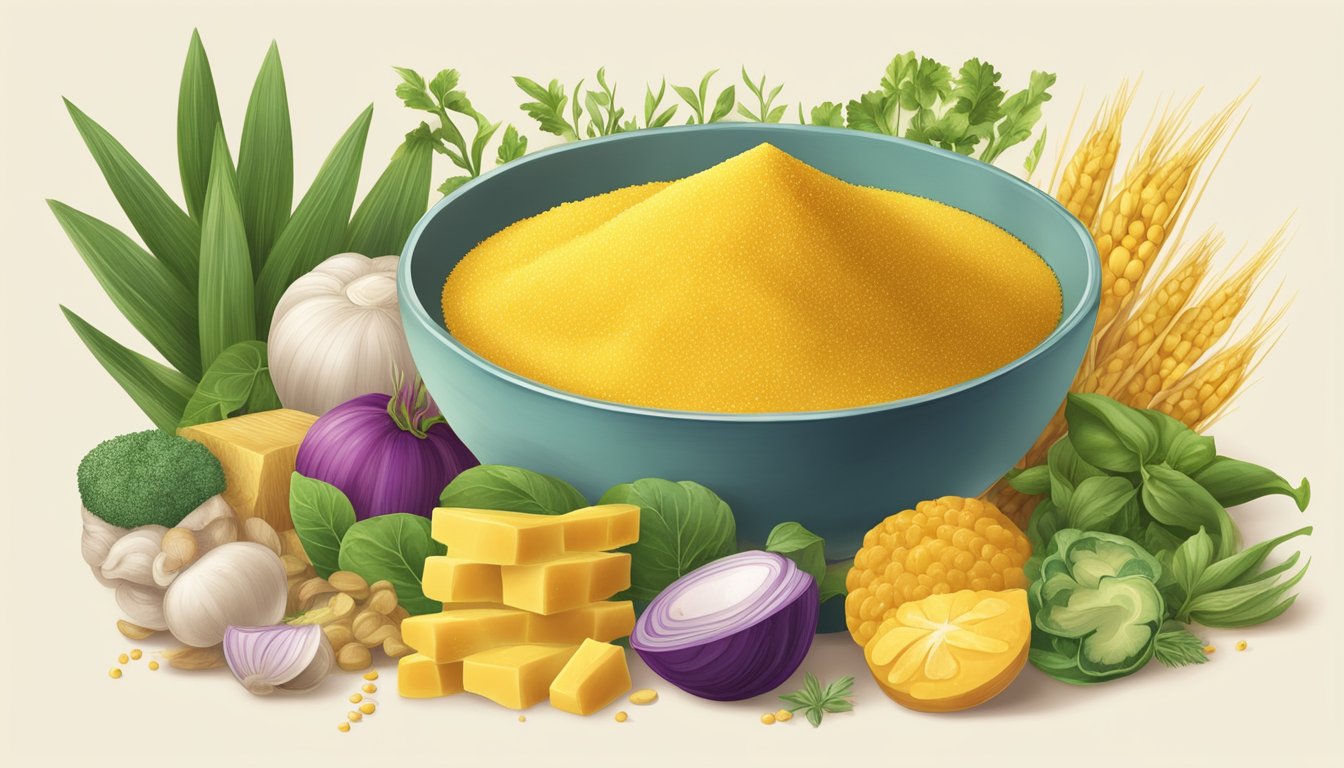 A bowl of golden cornmeal surrounded by various plant-based ingredients