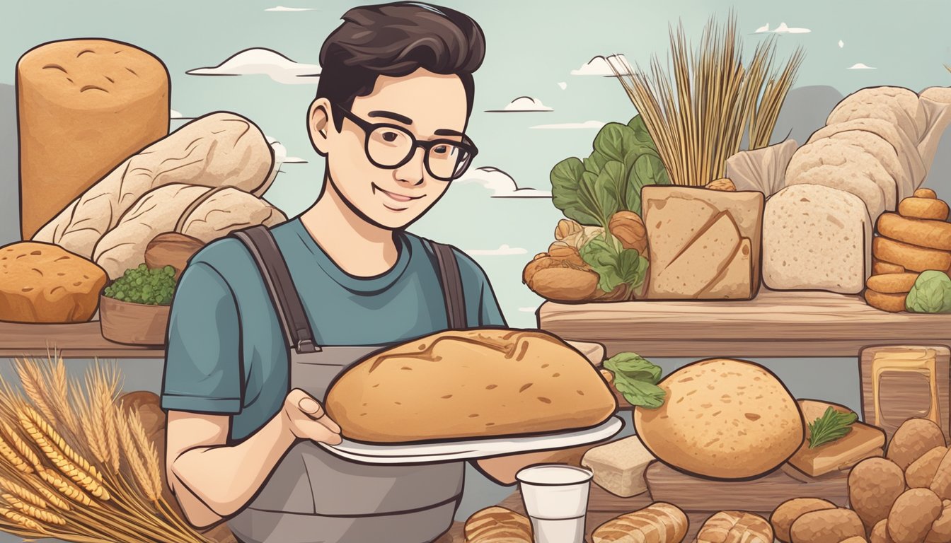 A person holding a loaf of bread made with vital wheat gluten, surrounded by various vegan alternatives such as tofu, tempeh, and seitan