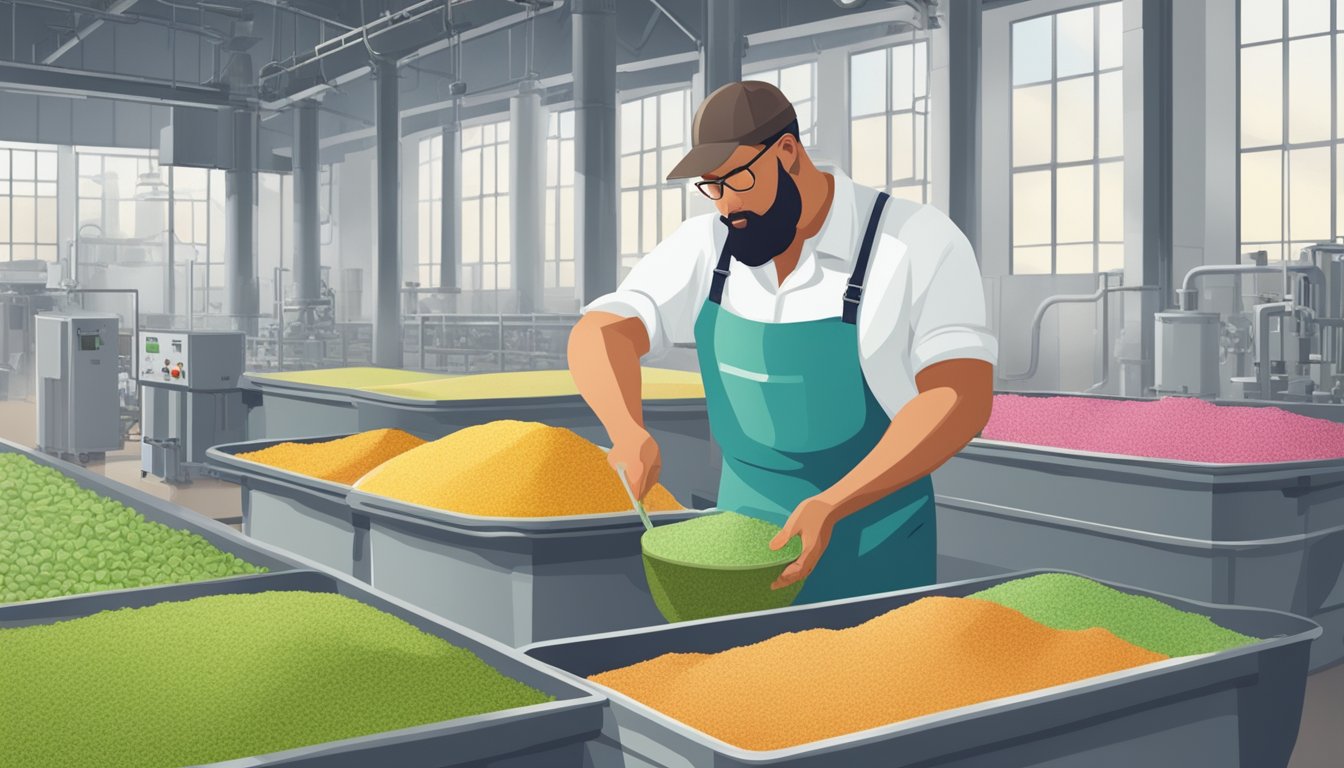 A factory worker mixes plant-based ingredients in large vats to produce xylitol, a vegan sweetener. Machinery hums in the background