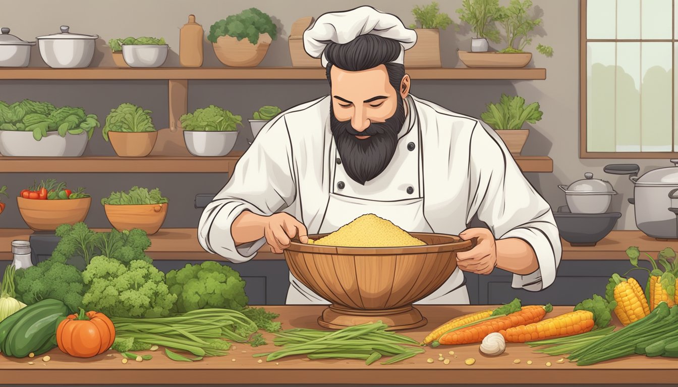 A chef mixing vegan cornmeal batter in a wooden bowl, surrounded by fresh vegetables and herbs