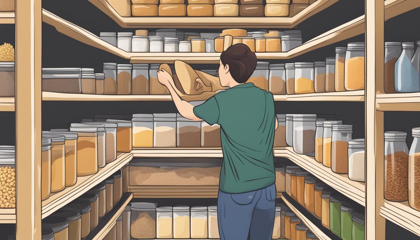 A person placing a bag of vital wheat gluten into a pantry stocked with various vegan ingredients