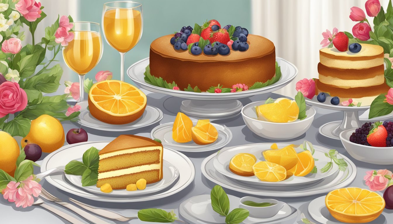 A festive table set with a variety of dishes, including a golden-brown cornmeal cake surrounded by fresh fruits and flowers