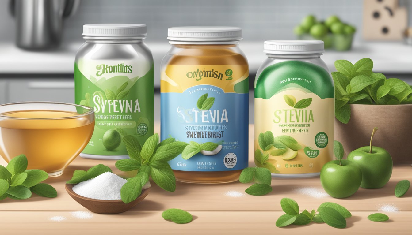 A variety of plant-based sweeteners, such as stevia, erythritol, and monk fruit, displayed on a kitchen counter