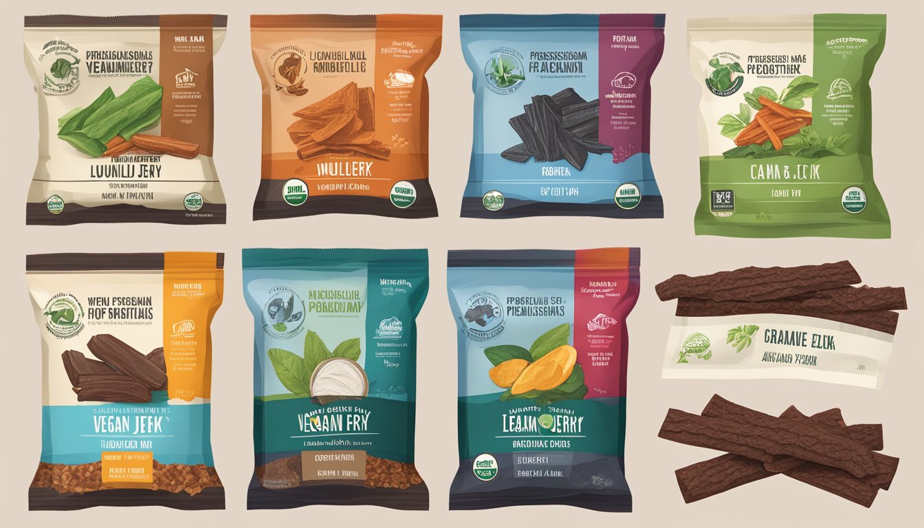 A close-up of Louisville Vegan Jerky products with ingredients and vegan certification symbols displayed prominently