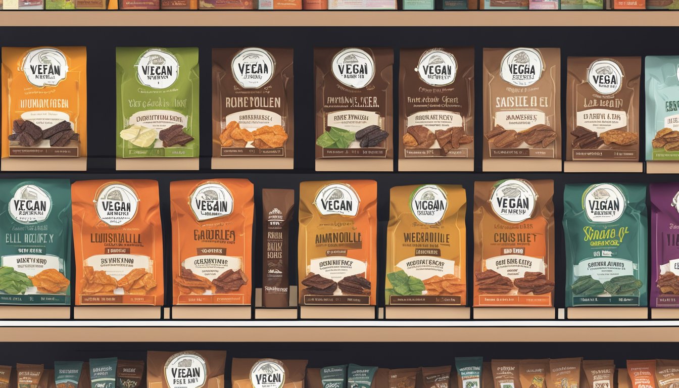 A variety of Louisville Vegan Jerky products displayed on a shelf with clear "vegan" labels