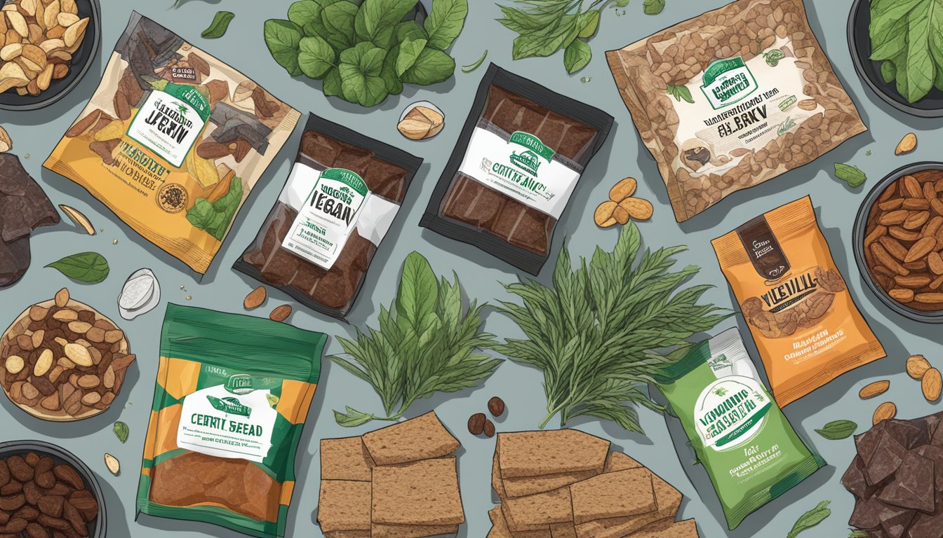 A table with various Louisville Vegan Jerky products, surrounded by plant-based ingredients and a "certified vegan" label