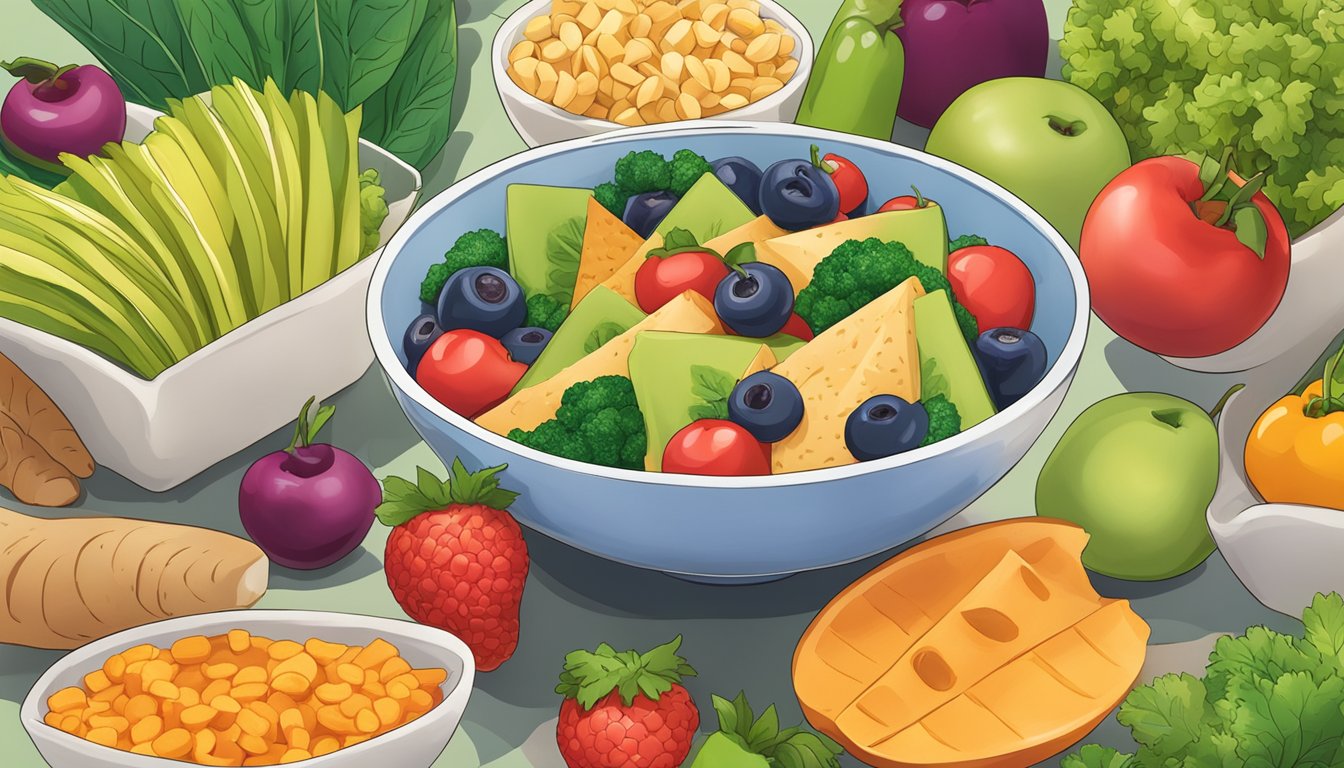 A bowl of Hippeas vegan snacks surrounded by fresh vegetables and fruits