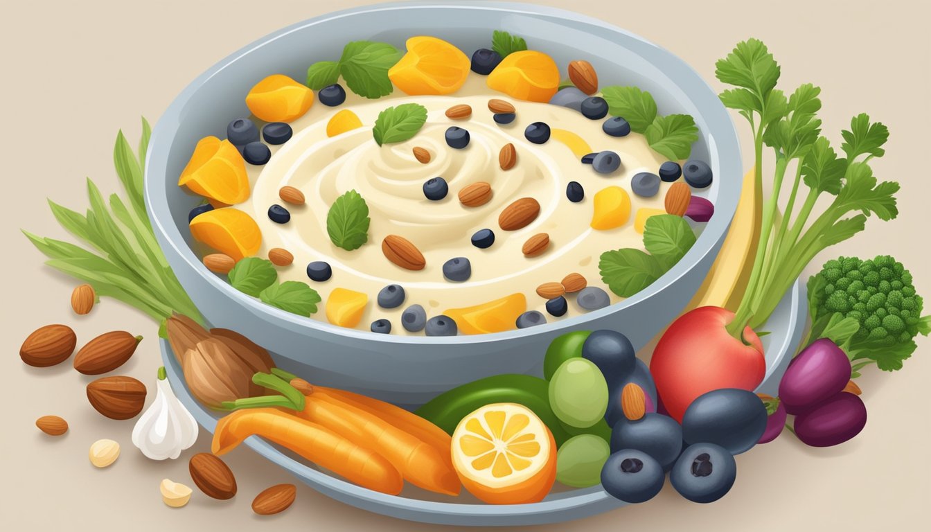 A bowl of semolina porridge with fresh fruits and nuts, next to a variety of colorful vegetables and legumes