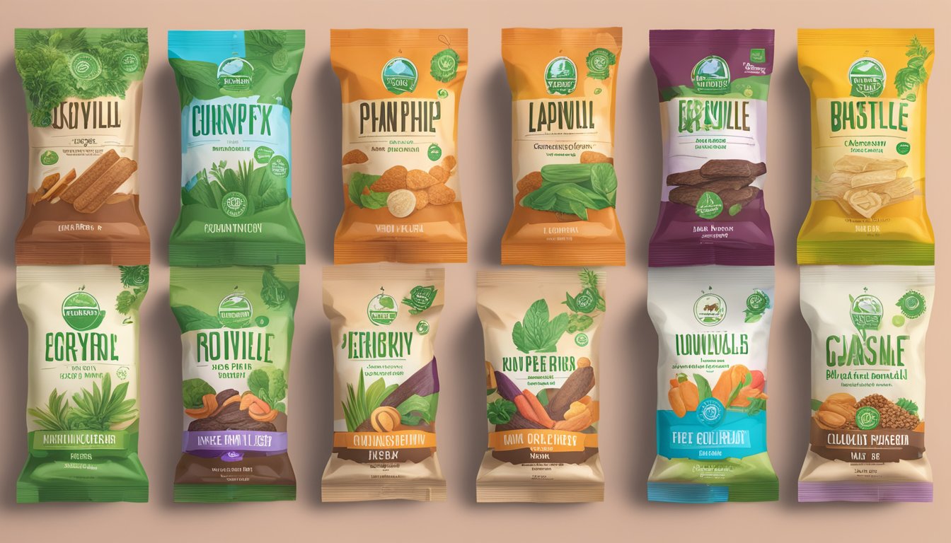 A colorful display of plant-based ingredients and vegan-friendly symbols on Louisville Vegan Jerky product packaging