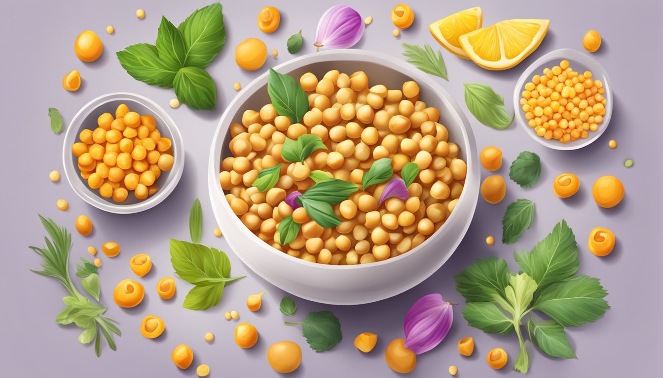 A bowl of colorful chickpea snacks surrounded by vibrant ingredients and flavorings