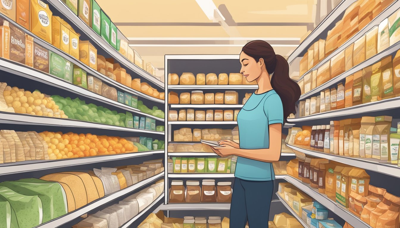 A woman browsing shelves of vegan semolina products in a grocery store