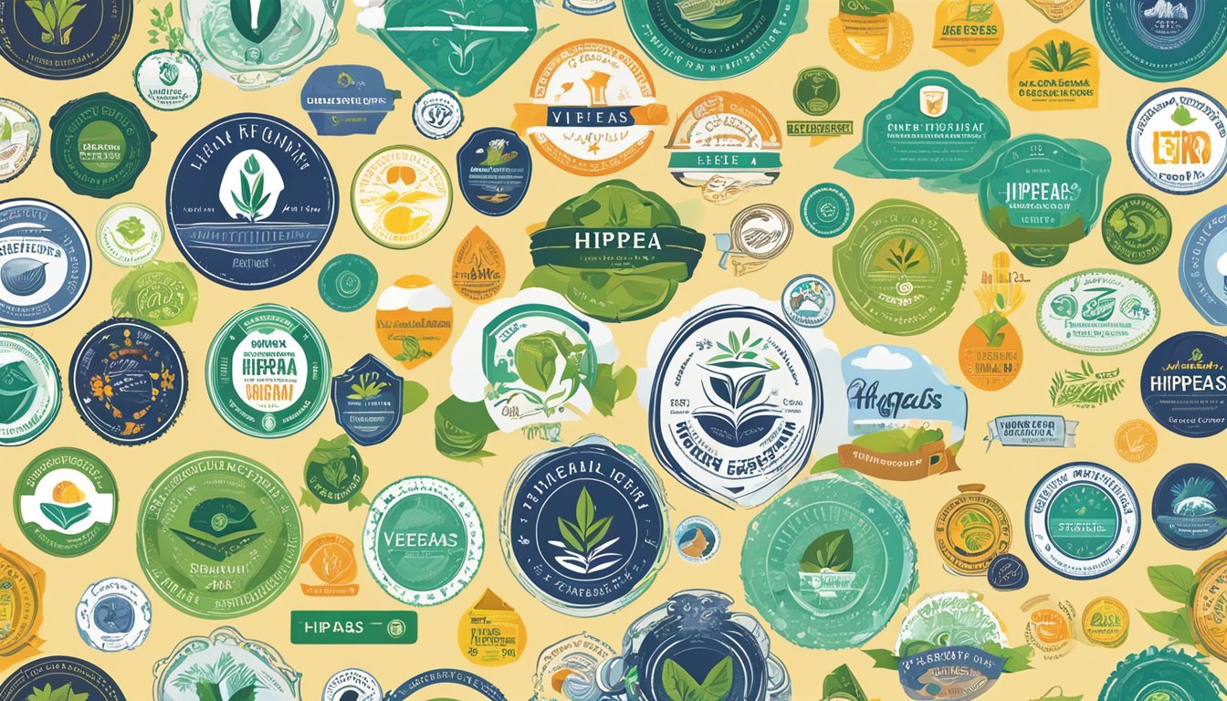 A colorful and vibrant display of various certification logos, including the "hippeas vegan" seal, arranged in an eye-catching pattern