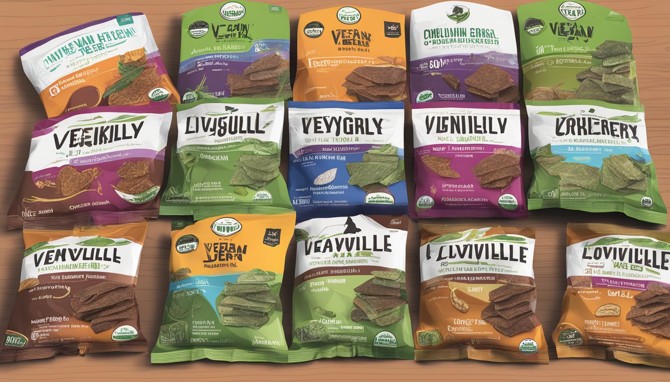 A display of Louisville Vegan Jerky products with clear "vegan" labeling