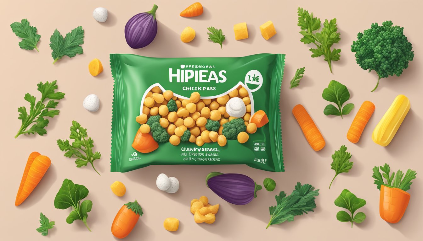 A colorful bag of Hippeas snacks surrounded by various plant-based ingredients like chickpeas, kale, and carrots