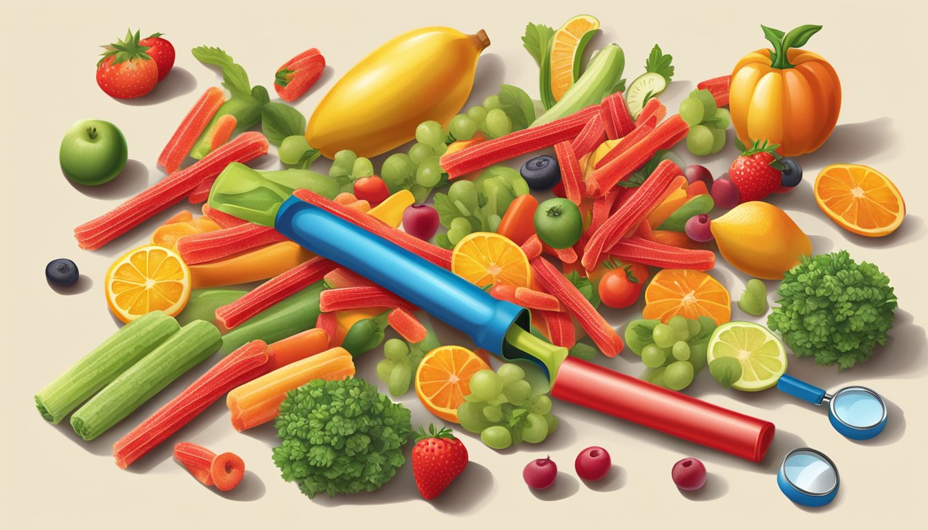 A pile of Twizzlers Pull 'n' Peel surrounded by various fruits and vegetables, with a magnifying glass analyzing the ingredients