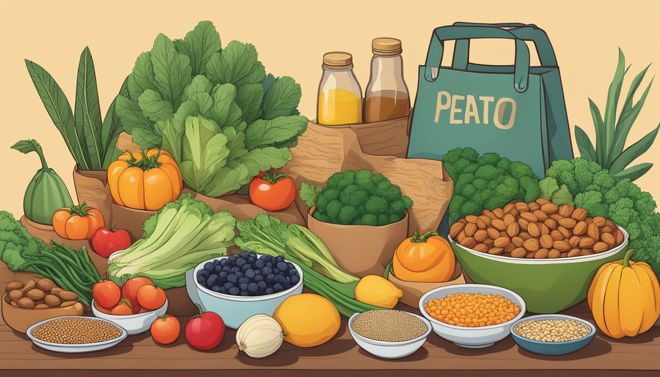 A colorful array of plant-based foods, including vegetables, fruits, nuts, and grains, are spread out on a table, with a bag of Peatos prominently displayed among them